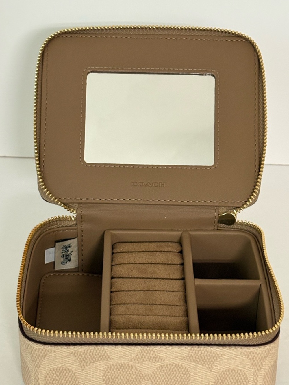 Brand New with Tags Coach Beige/Tan Signature Travel Jewelry Case with Mirror